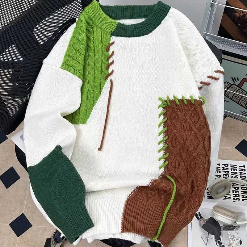 Y2K Men's Sweaters Autumn Winter Knitwear Pullovers Sweater Men Patchwork Sweater Streetwear New High Quality Splicing Pullover Knitted Male C2