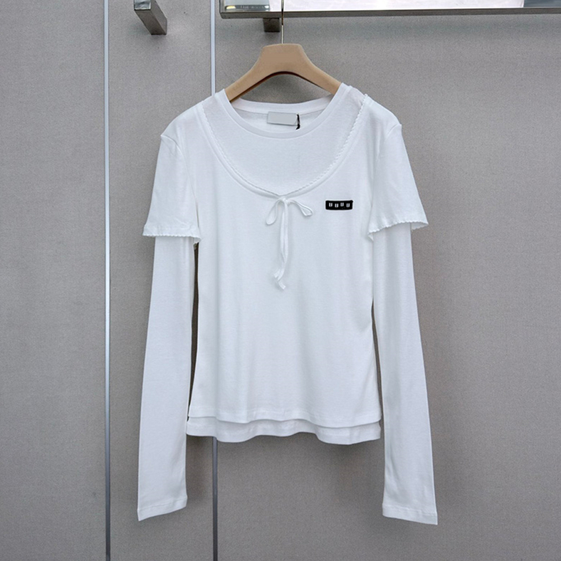 Designer Panelled Pullover For Women Elegant Bow Long Sleeve Thin Fake Two Piece Top Summer Fall Dating Party Elegant Chic Tee