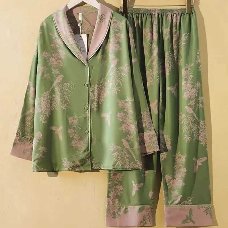 Women's Sleep Lounge New CHInese Flower Pajamas Sets Women's Casual Print Cardigan Shirts + Pants 2PCS Spring Summer Green Loungewear Suit