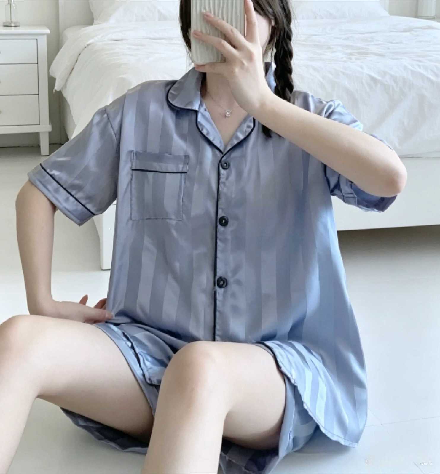Women's Sleep Lounge Summer Sleepwear Women's Imitation Silk Striped Cardigan Two-piece Set Short Sleeved Shorts Sleepwear Set Daily Casua