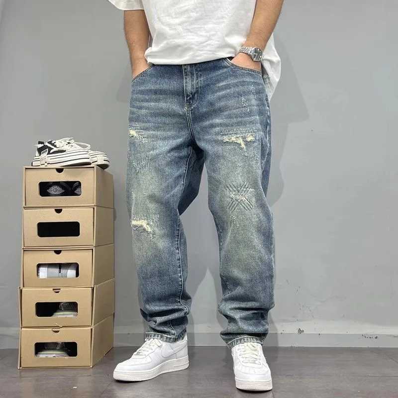 Autumn and Spring New Fashion Trend Pure Color Retro Straight Leg Jeans Men's Loose Sports Plus Size Denim Pants S260924WLG3