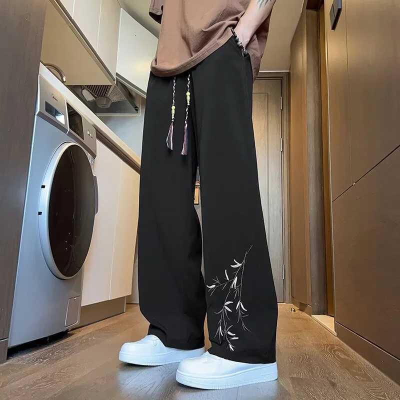 Men's Pants Loose Solid Color Wide-Leg Pants with Bamboo Printed Chinese Style Tassel Drawstring Casual Trousers H260924