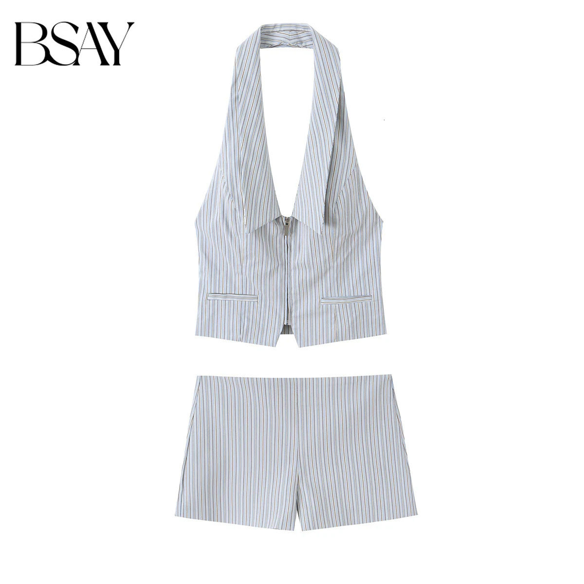 BSAY Striped Shorts 2pcs Set Summer Spicy Girl Hanging Neck Zip Sexy Backless Top Chic Lady High Waisted Straight Pants 260923