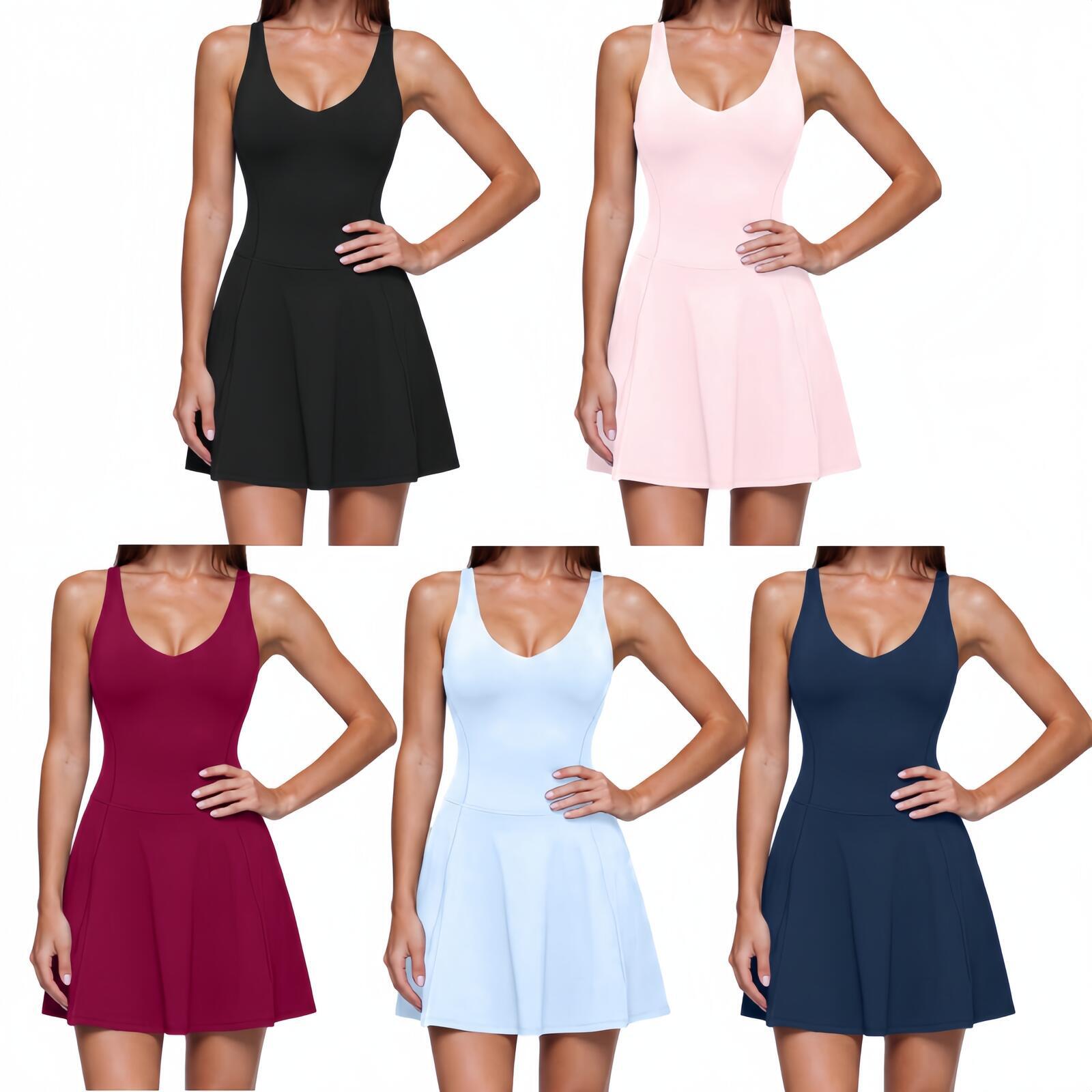 Yoga Set Gym Sets Womens Yoga Sports Dress With Side Pockets Drapey Fabric Anti Exposure Quick Drying Breathable Fitness Tennis Skirt Solid Color Su