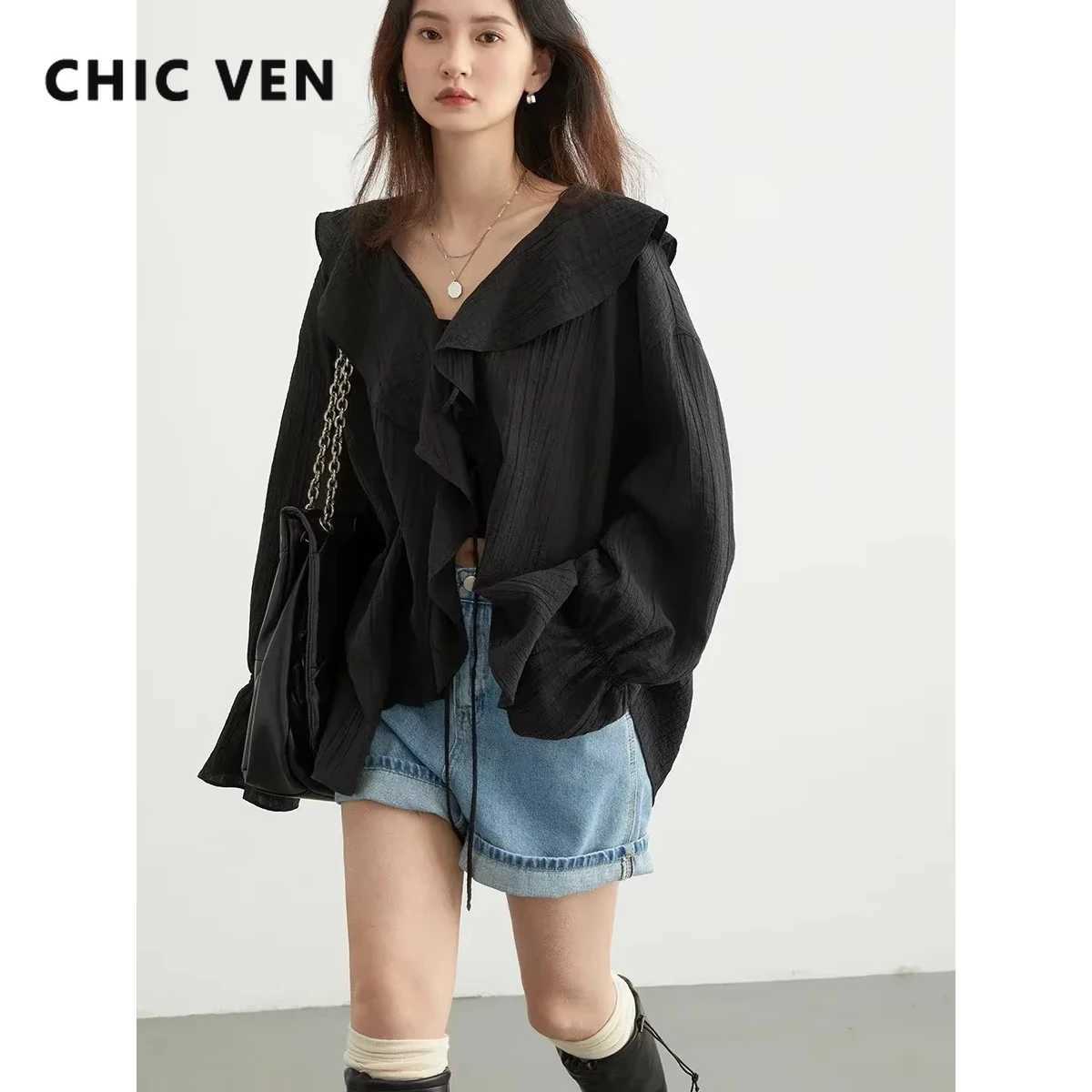 CHIC VEN Women Shirt Loose Casual Ruffled Edges Female Blouses Solid V Neck Lace Up Mid Length Ladies Shirts Spring Summer 2026 Z260924