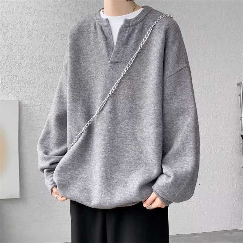 Sweaters Autumn Men's Men's Clean Fit V-Neck Base Sweater High Street Fashion Solid Color Loose Knitted Pullovers 2025 New Y2K Knitwear Ju