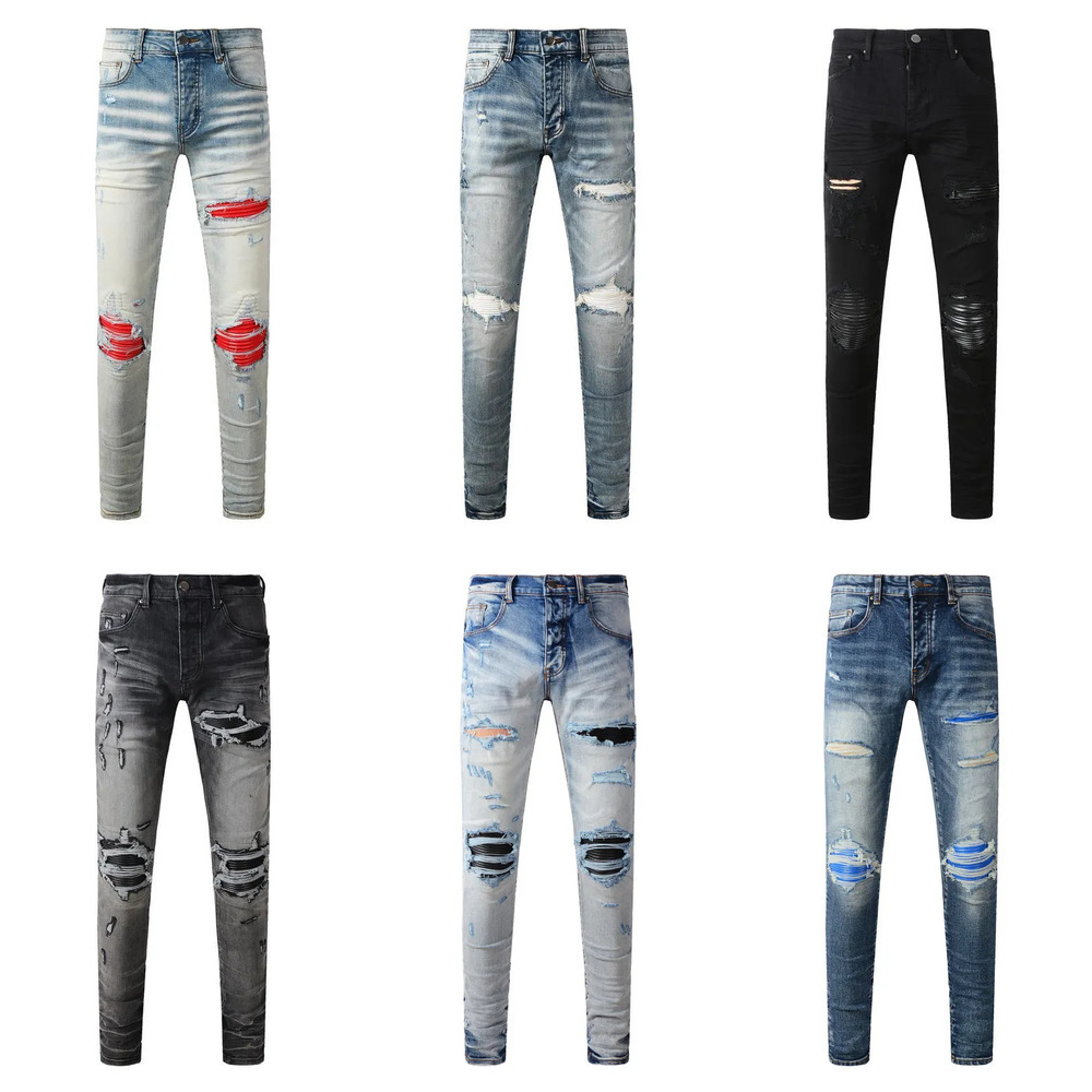 Amrirjeans Designer Denim Pants Men's High Street Wear Fashion Trend Distressed Blue Washed Ripped AM Letters Embroidery Pattern Elastic Tights