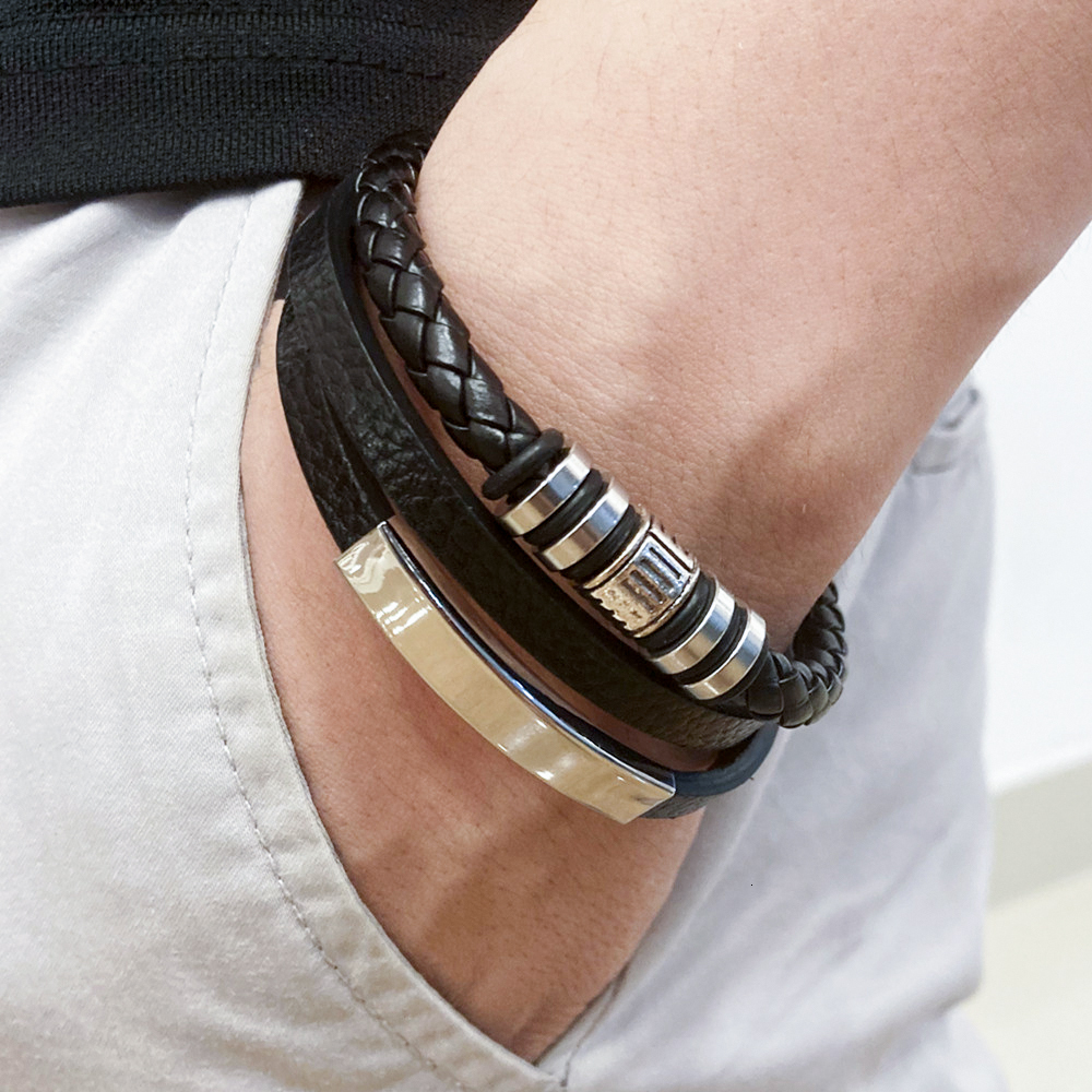 Pulsera de cuero de moda para hombres, pulsera de acero inoxidable de 21CM, pulseras de cuerda trenzada multicapa para regalos de joyería masculina