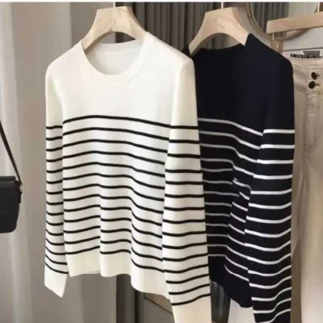 Women's Sweaters Black and white striped cotton sweater spring and autumn sweater bottoming shirt women's new worsted cotton top not pilli