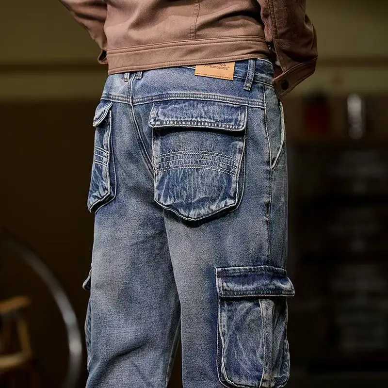 Pantalones de mezclilla con múltiples bolsillos a la moda de High Street para hombre, pantalones vaqueros Vintage americanos, pantalones Cargo holga