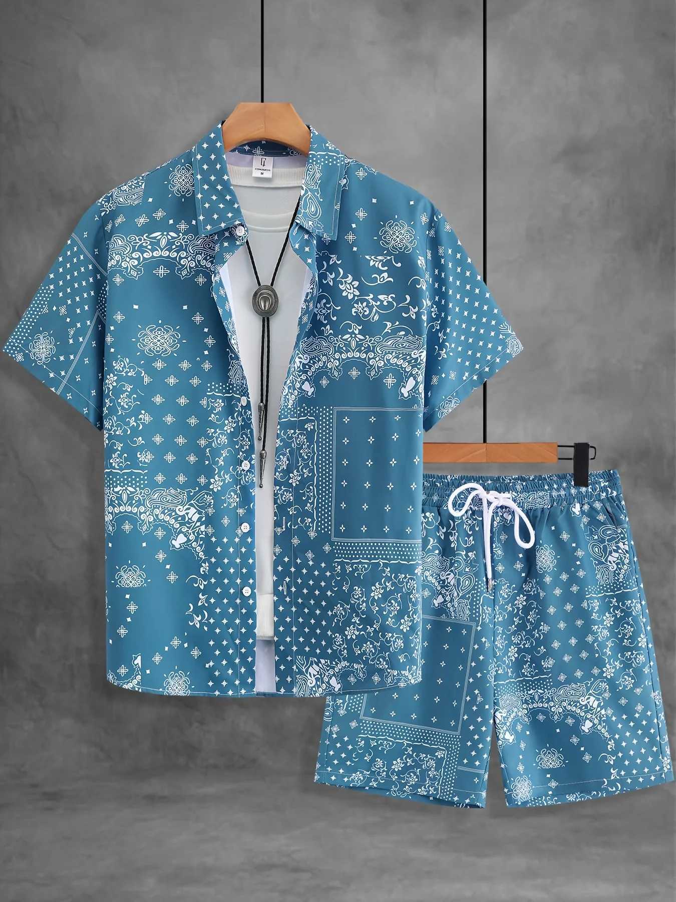 2pcs Men's Paisley Print Shorts Shirt Set Drawstring Waist Summer Beachwear White with Black Floral Prints Asian Size T260924