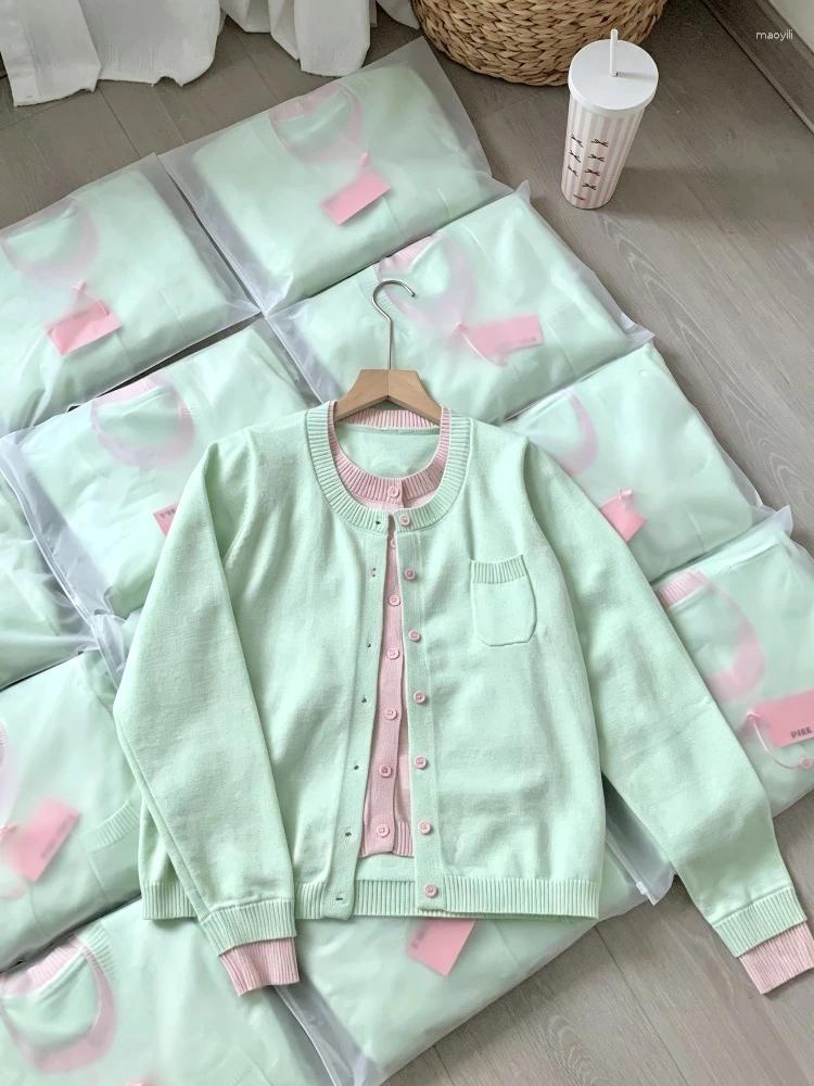 Korean Sweet Fashion Fake Two Piece Knitted Cardigan Women Elegant Cute Slim Sweater Autumn Y2k Hrajuku Long Sleeve Coat