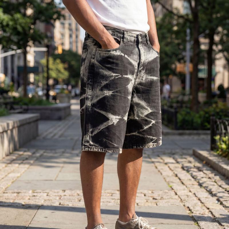 Short en Jean Vintage pour hommes, teinture par nouage, noir, gris, marbré, lavage blanchi, taille moyenne, coupe ample, décontracté, short de ru