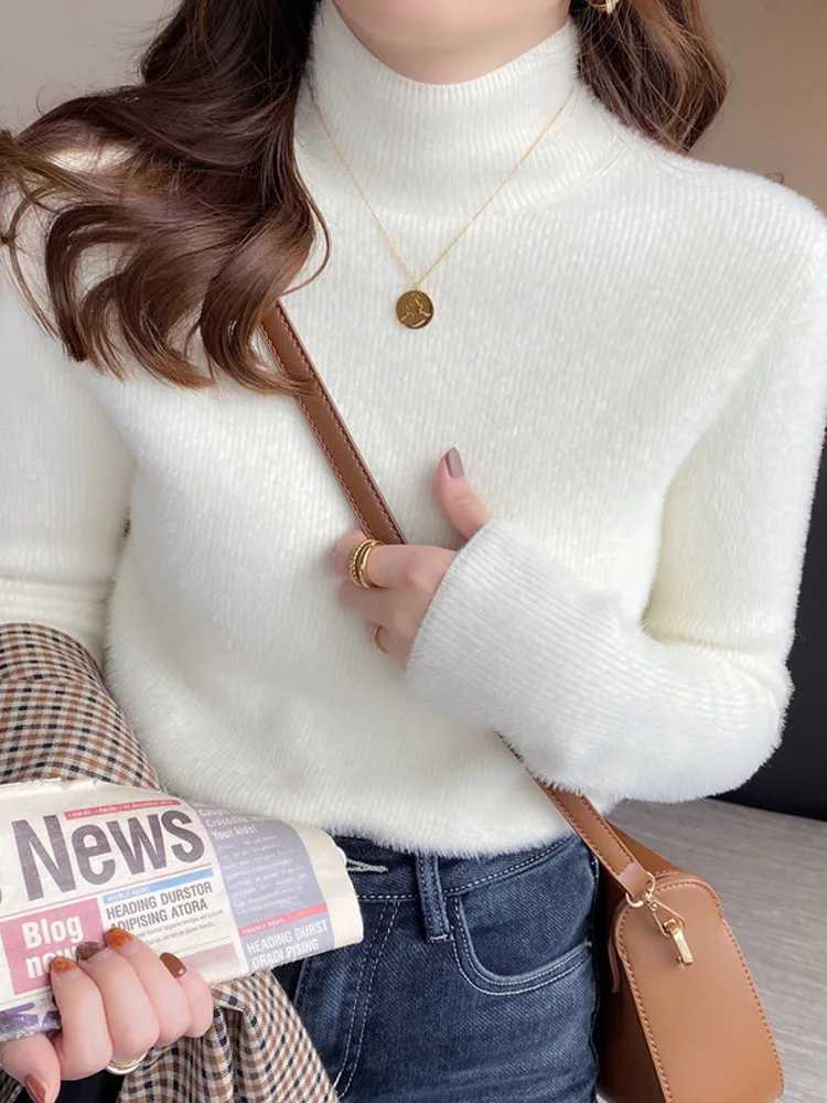 Women's Sweaters Autumn New Chic Fleece-lined Jumper Knitted Pullovers Sweaters Women Winter Turtleneck Knit Tops Office Slim Chic Sweater H260