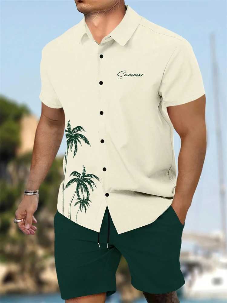 Summer New Men's Short Sleeve Shirt and Shorts 2 Piece Set Fashion Coconut Tree Print Lapel Shirt Beach Drawstring Shorts Set T260924