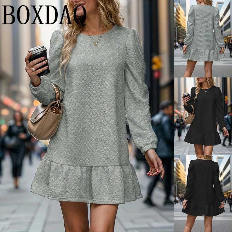 Sleep Lounge Women's Womens Knitted Long Sleeve Mini Dresses Casual Fashion Patchwork Pleated Sweatshirt Dress 2024 Autumn Winter Solid Short D