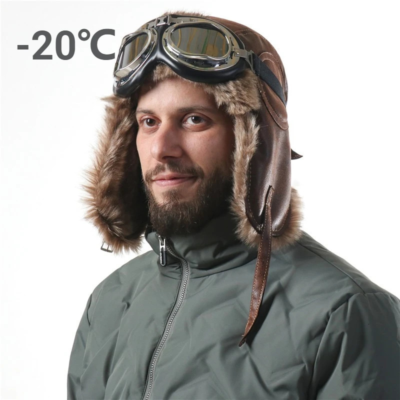 Winter Ushanka Hat Men Women Safety Goggles Trapper Cap Faux Fur Leather Snow Bomber Hats Warm Ear Flaps Pilot 260910