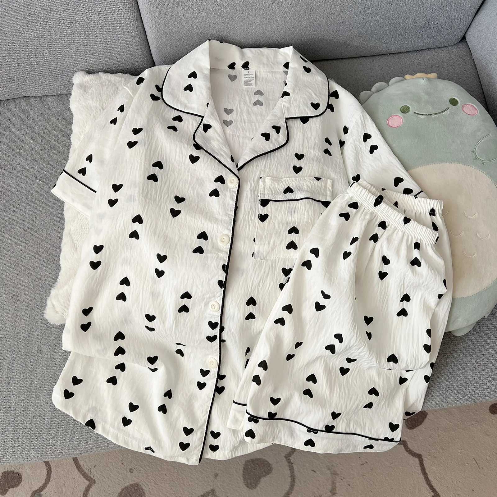 Women's Sleep Lounge 2026 Pajamas Women's Summer Short-Sleeved and Shorts Cute Cartoon Cardigan Ladies Sleepwear Homewear Love Print Breat