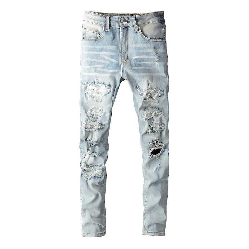 Men Crystal Holes Ripped Patchwork Jeans Streetwear Light Blue Denim Slim Skinny Pencil Pants Trousers S2609246IBV