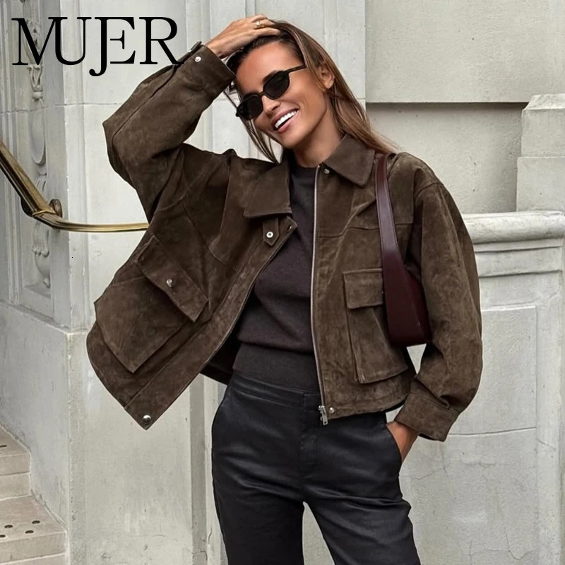 MUJER Faux Leather Bomber Jackets for Women Oversized Varsity Women's Jackets Coats Zip Demi-season Jacket for Women Outerwears 260923
