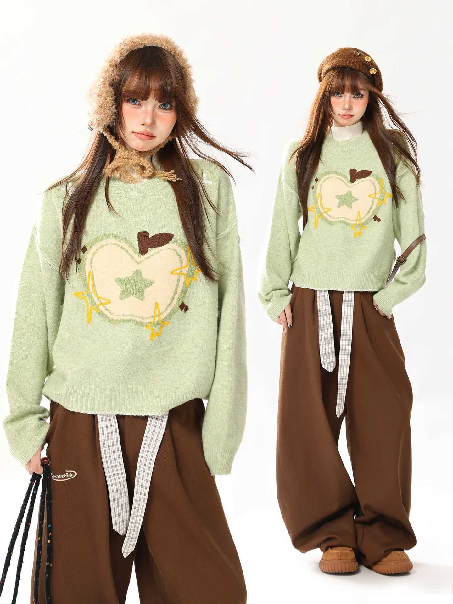 Women's Sweaters Retro Fun Green Embroidered Short Loose Women's Knitted Sweater round Neck Pullover Autumn Winter New Style AONW H260923