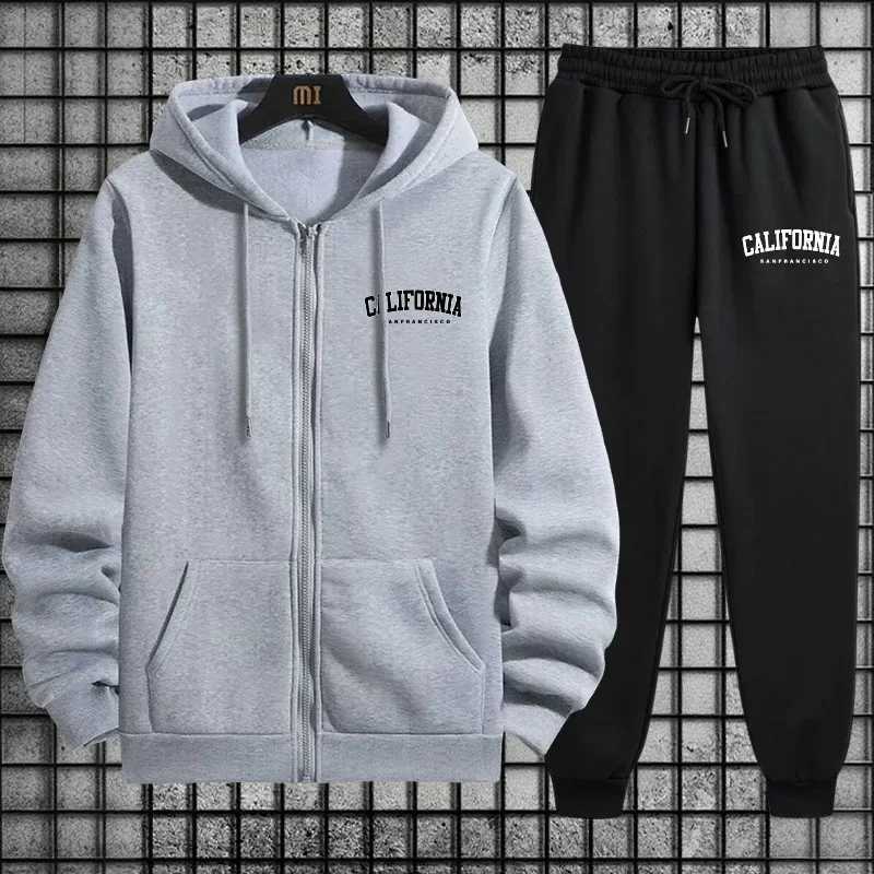 Autumn Winter Sportswear California Mens Sporty Tracksuit Set 2026 New 2 Pieces Zipper Hoodie Sweatpants Urban Streetwear Outfit T260924