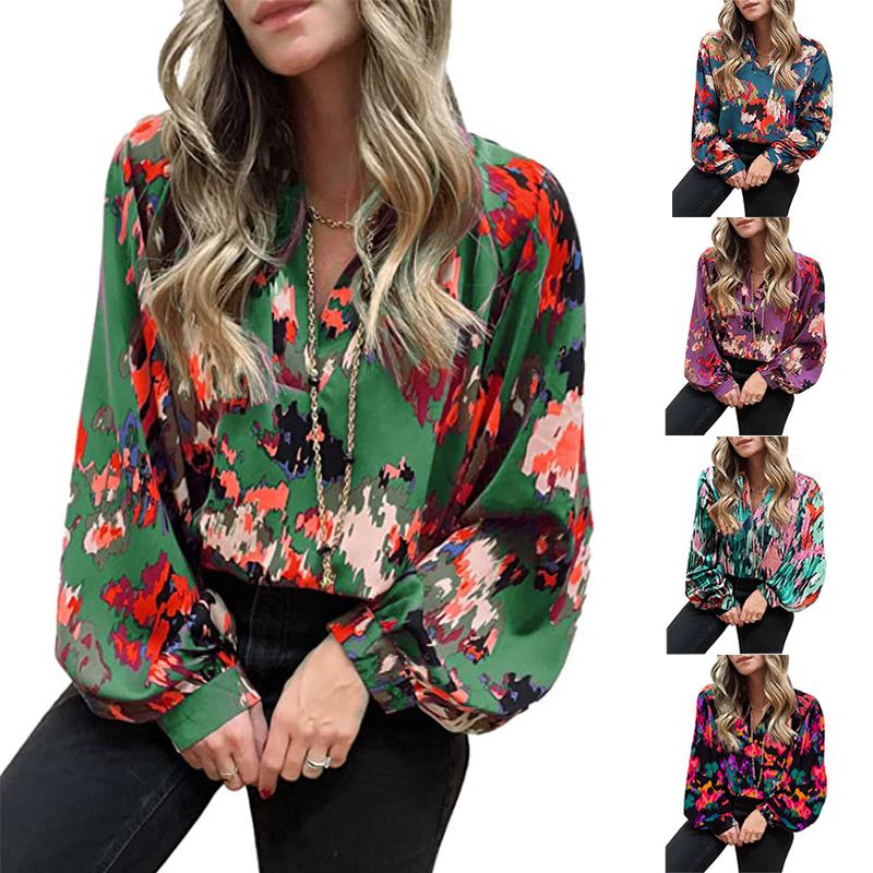 Designer Bestseller Spring Women Casual Bohemian Abstract Print V-Neck Lantern Long Sleeve Loose Chiffon Blouse Shirt Top