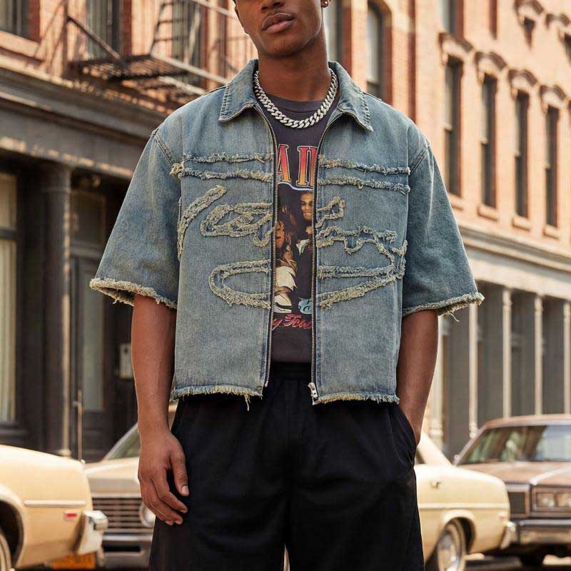 Men Vintage Washed Short Sleeve Denim Jacket Zip Up Frayed Raw Edge Distressed Denim Coat Letter Patchwork Embroidery Lapel Cropped Denim Shirt Jack
