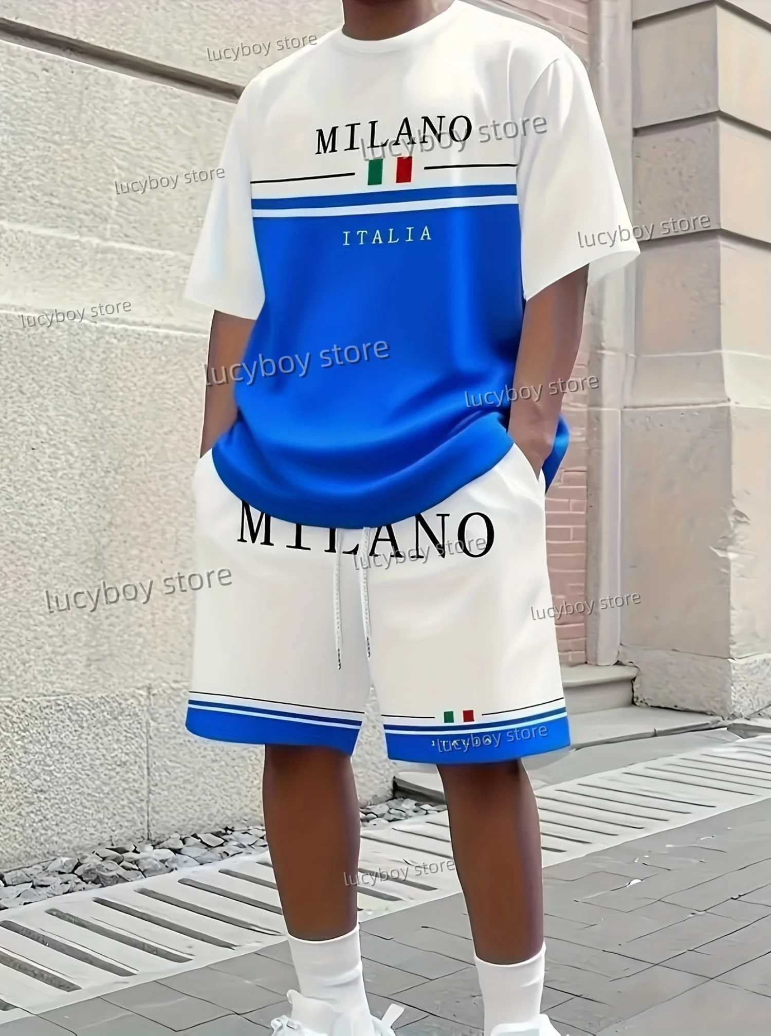 Summer Men' Color Block letter Print Set Short Sleeve T-Shirt Shorts Set Adult Sport Jogging Plus Size Tracksuit 2 Piece Set T260924