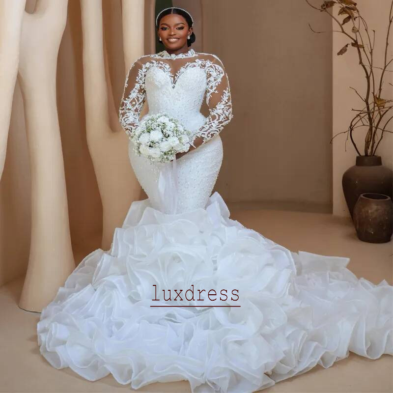 Plus Size Arabic For Bride Full Mermaid Wedding Gowns Detachable Train Long Sleeves Beaded Lace Rhinestones Bridal Dress