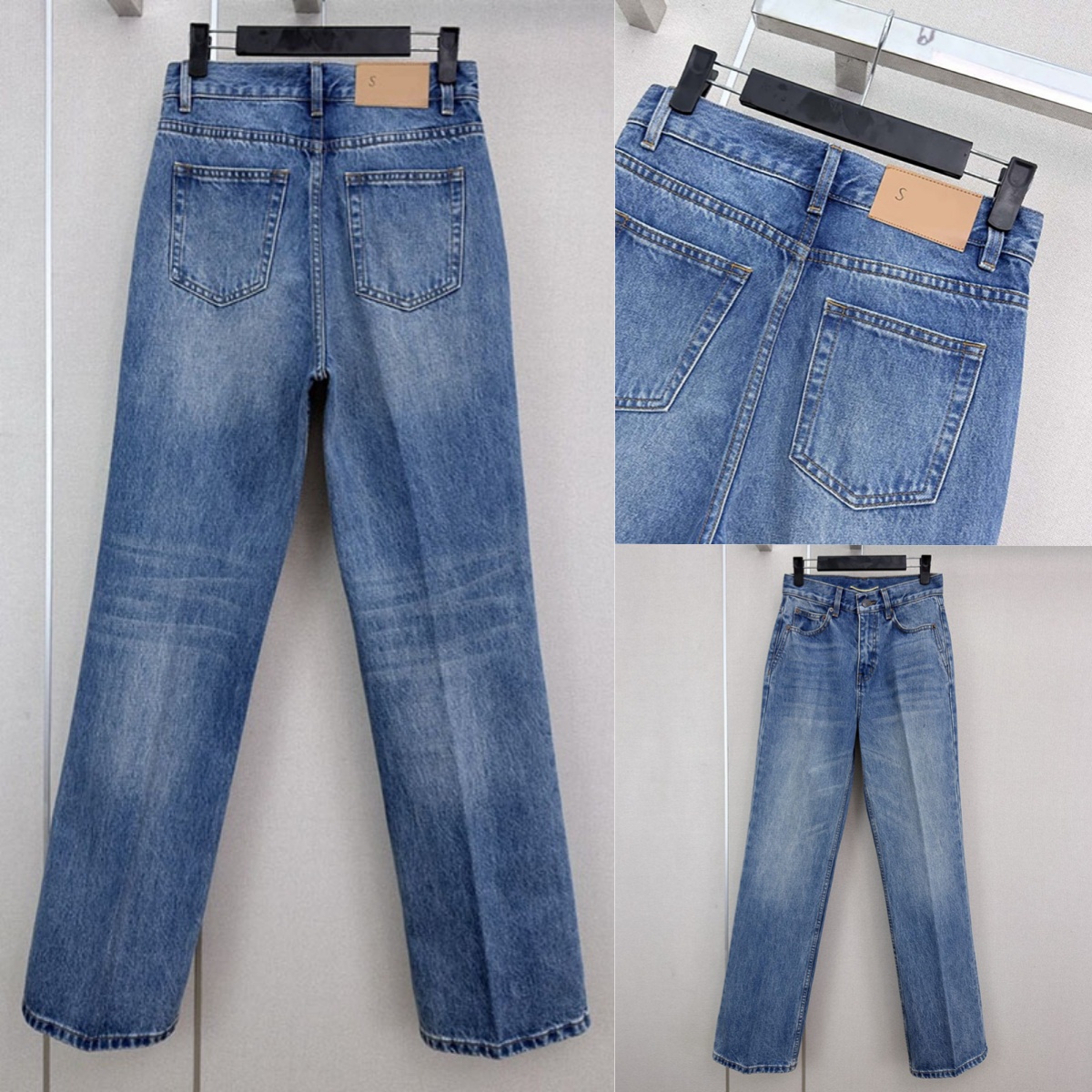 Brand Blue Washed Denim Jeans Designer Women High Waist Back Leather Patchwork Straight Pants Casual Daily Street Style Resort Vacation Trousers
