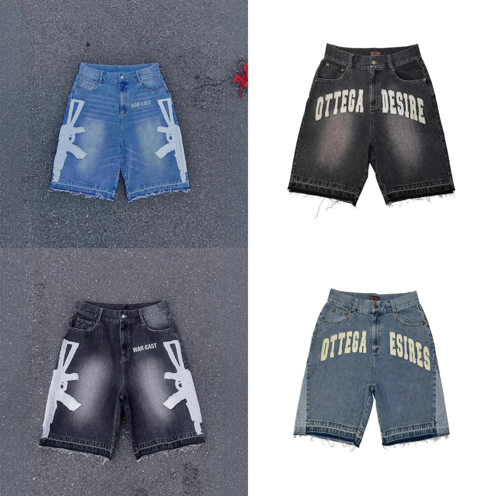 Designer men's embroidered denim shorts knee-length loose hip-hop embroidered casual denim shorts summer street style shorts
