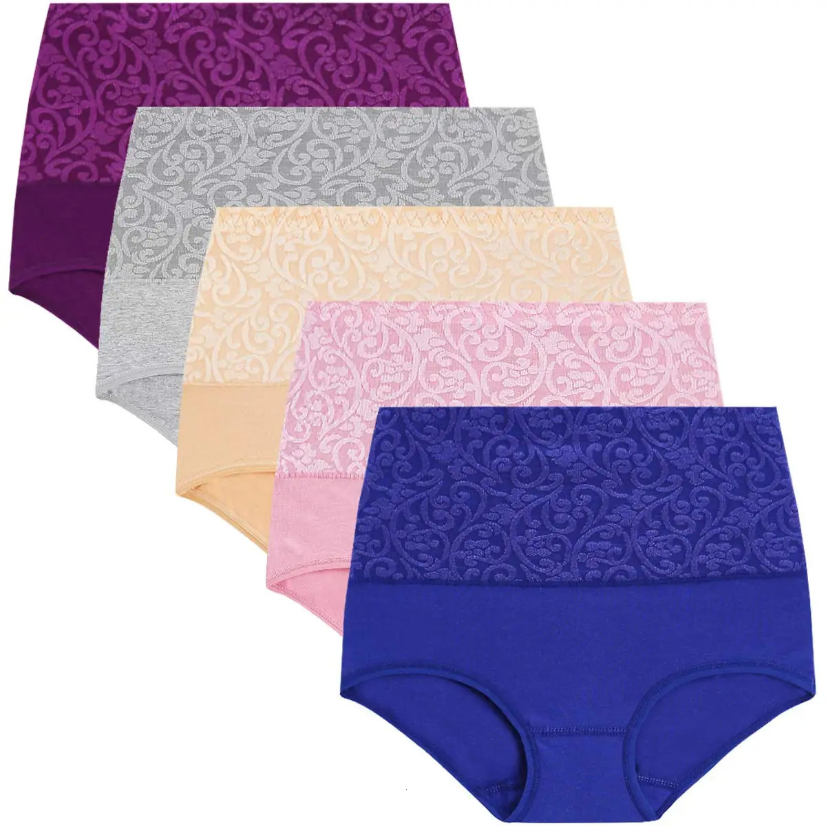 Plus Size Women's Cotton Underwear High Waisted Tummy Control Panties Full Coverage Briefs Jacquard Ladies Panty 3 Pack 260923