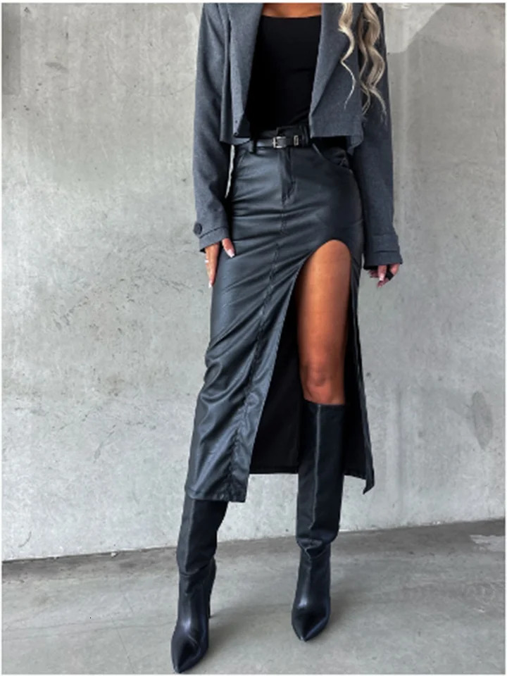 Women's Sexy Black Slit Mid Skirt Slim Buttocks Skirt High Street Party Fashion Punk Autumn Skirt 260923