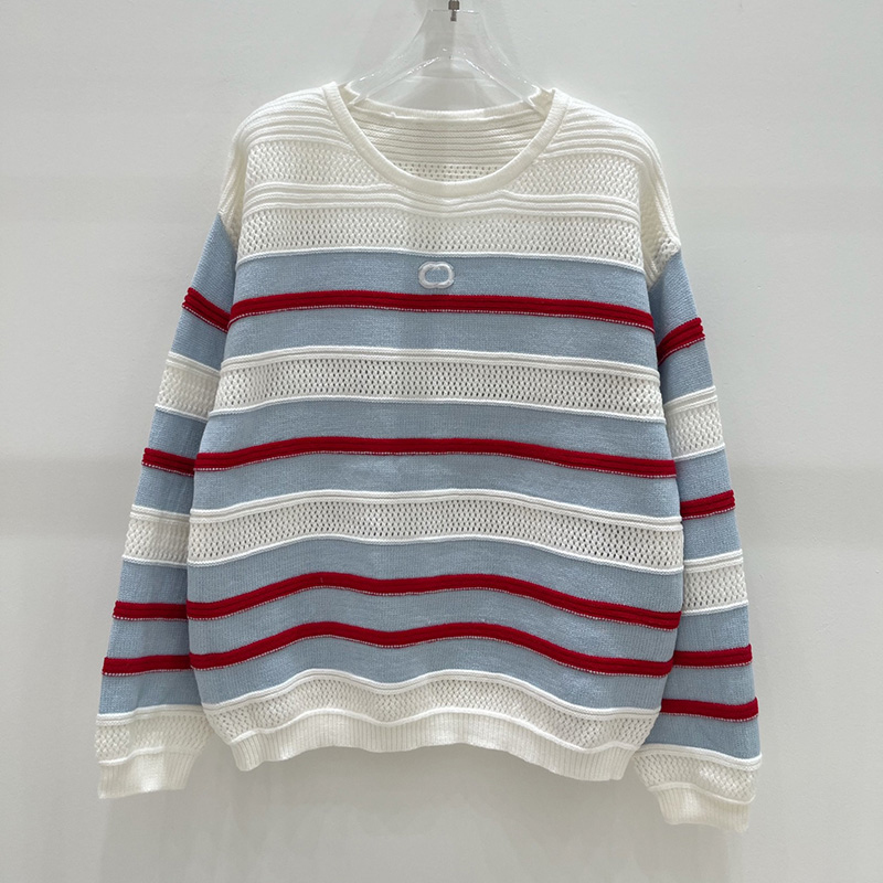 Women Designer Hollow Knit Tops Loose Round Neck Tees Autumn Color Block Striped Versatile Pullovers for Women