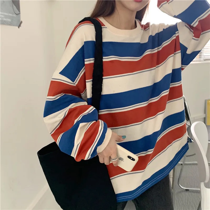 Striped T Shirt for Women 2026 Fall Winter Thin Loose Fit Long Sleeve Rainbow Stripe Casual Blouse Tee Top Plus Size Streetwear 260928