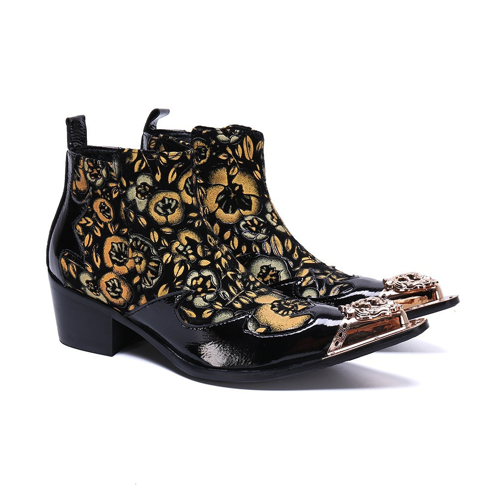 Men Chelsea Boots Metal Tip Pointed Toe Floral Jacquard Chunky Heel Slip On Gothic Party Stage Fall Winter Shoes Plus Size