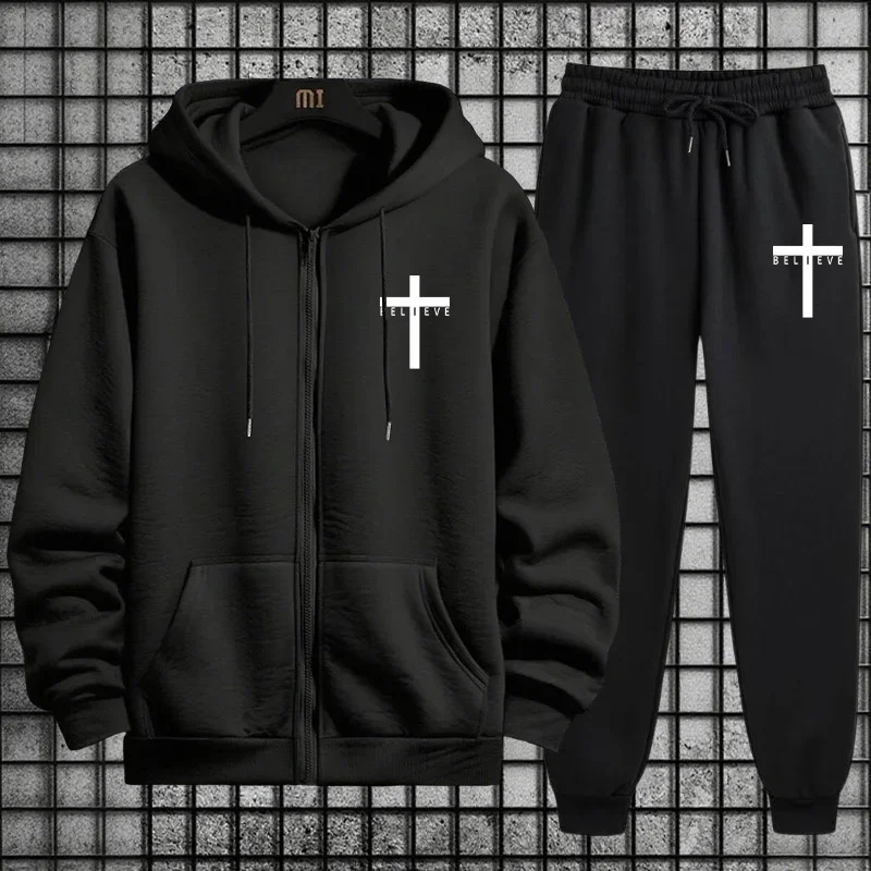 Cross of Christ Mens Hip Hop Tracksuit Set 2026 2 Piece Outfit Zipper Hoodie Joggers Urban Streetwear Autumn Winter Fashion 260923