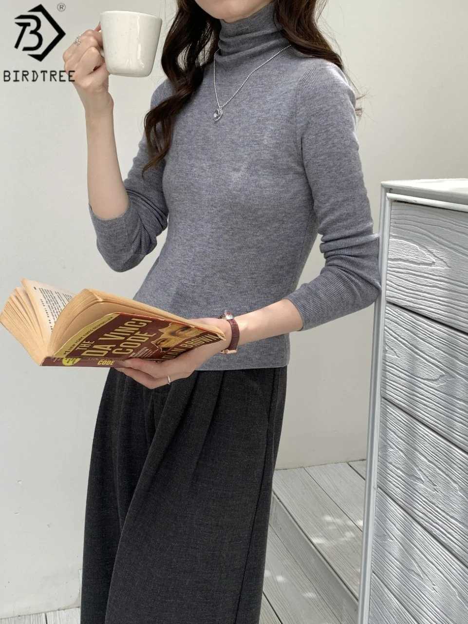 Women's Sweaters Birdtree 100% Sheep Wool Elegant Thin Style Base Sweater Woman Autumn High Collar Full Sleeve Solid Color Knit Tops T58122JF H