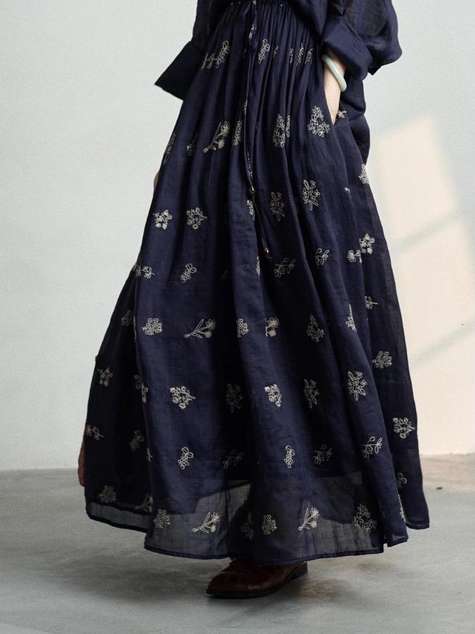 Retro Cotton Linen Print Half Skirt Elastic Waist Long Slim A-Line Summer plus Size Women's Fashionable Casual Skirts