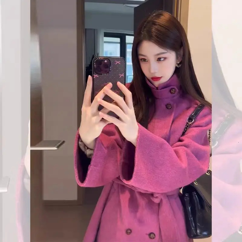 Women's Rose Red Cashmere Wool Coat 2026 Autumn Winter Korean Style y Warm Long Sleeve Fashion Outerwear High End 260923