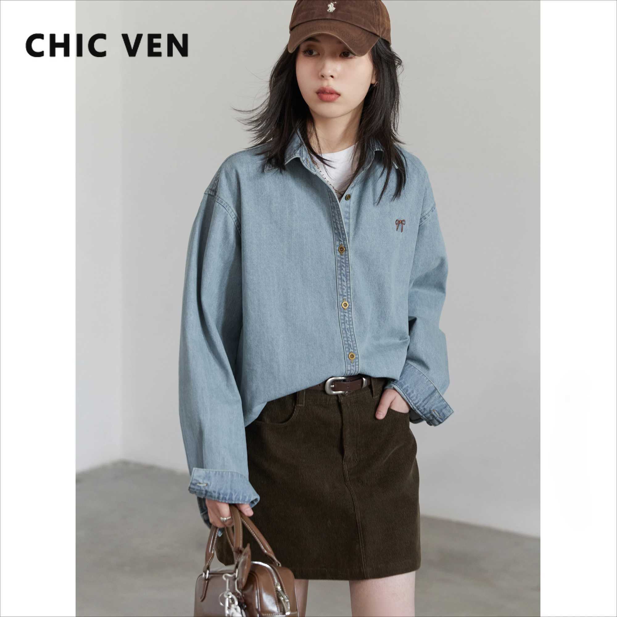 CHIC VEN Korean Female Blouses Loose Single Breasted Bow Embroidered Denim Shirt Blue Shirt for Women Coat Spring Autumn 2025 Z260924
