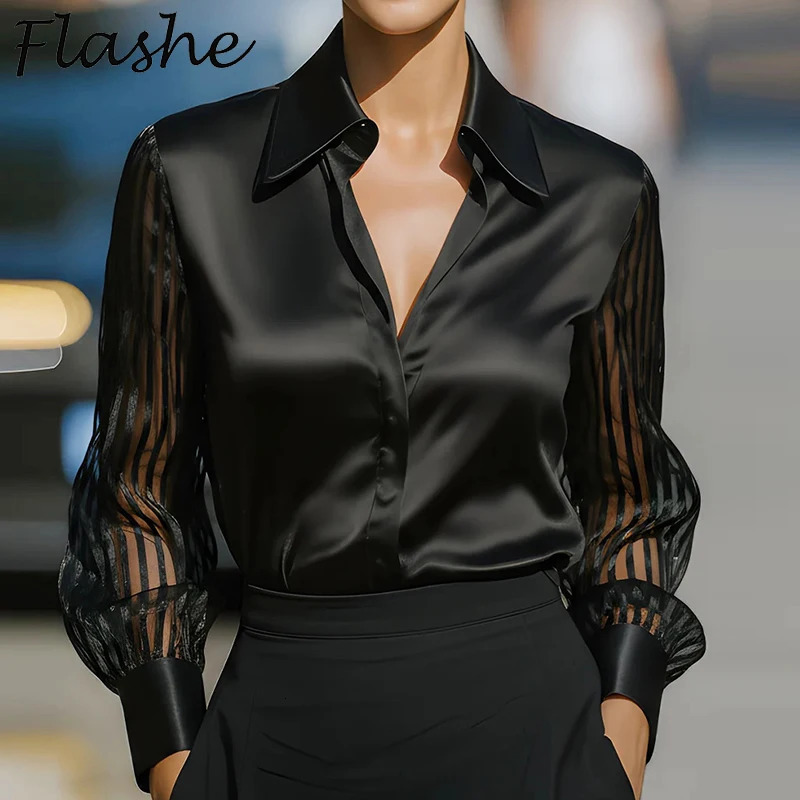 Fashion Women Long Sleeve Silk Shirt Black Turn Down Collar Button Blouse Women Office Tops Mesh See Through Sleeve Satin Shirt 260921