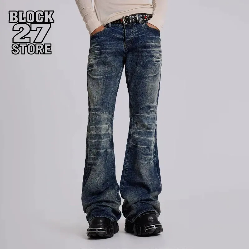 Mens Jeans Harajuku Y2K Streetwear Mid Blue Flared Denim Pants Vintage Washed Bootcut Wide Leg Loose Fit Gothic High Street 260923