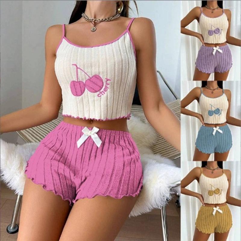 Women Summer Strappy Cutout Bow Underwire Retro High Waist Embroidery Camisole Pajamas Tight Fitting Thin Home Vest Shorts Set