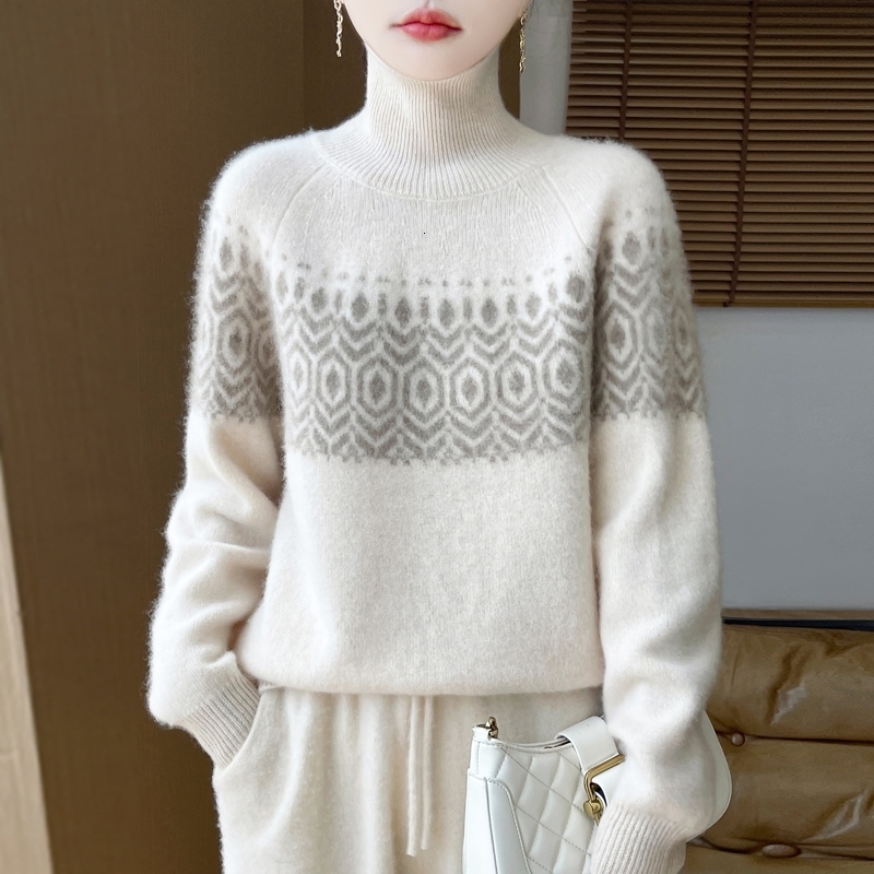 Women's Sweater AutumnWinter 100% Merino Wool Sweater Casual Loose High Collar Pullover Fashion Korean Jacquard Women's Top 260923