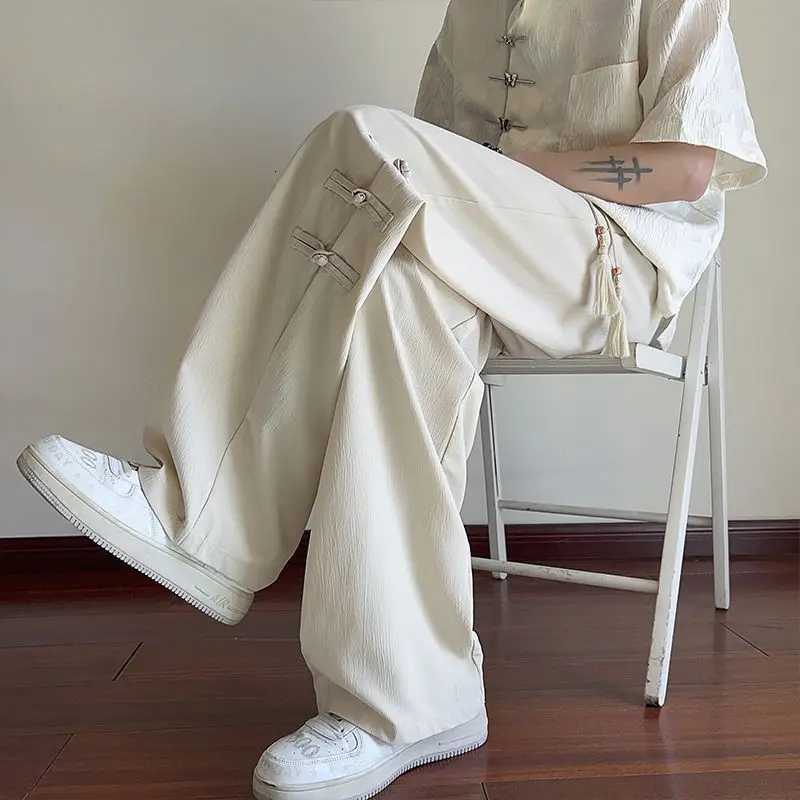 Men's Pants New CHInese Style CHInese Style BuCKle Ice Silk Men's Summer THin Loose Straight Wide-leg Casual Men's Pants H260924