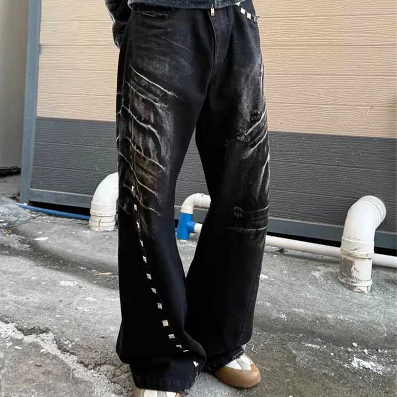 Men's Jeans 2026 Casual Straight Wide-leg Jeans For Men Y2K Streetwear Distressed Black Jean Retro Rivet Design Moustache Baggy Denim Pants H26