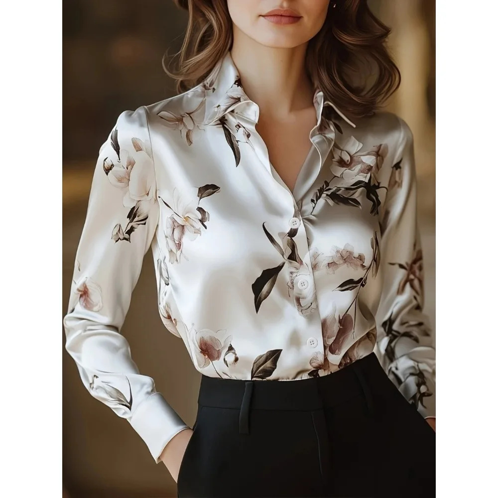 Camicia da donna taglie forti con scollo a V a maniche lunghe, stampa floreale elegante e sofisticata in raso per la primavera estate e autunno. 260
