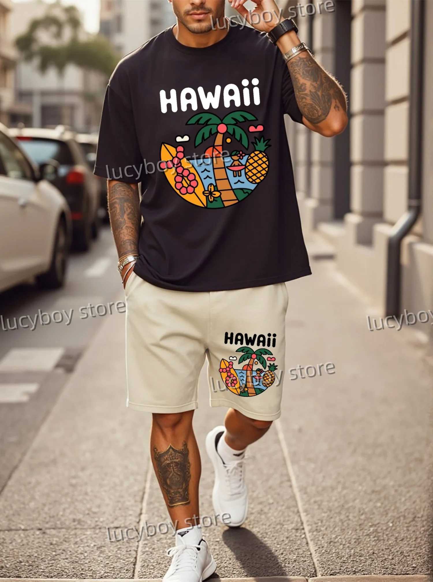Hawaii Oversized Men Short-Sleeve T-Shirt Set Trendy Plus-Size Apparel Men Tracksuit Outfit Summer Oversized 2 Piece Set Clothes T260924
